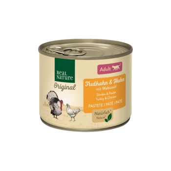 Dosen-Haustierfutter mit der Aufschrift "Real Nature Original", das Truthahn und Huhn mit Walnussöl enthält, geeignet für erwachsene Katzen.