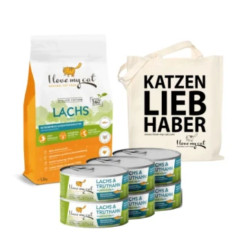 Eine Tüte mit "Ich liebe meine Katze" Lachs-Katzenfutter, vier Dosen Lachs- und Truthahn-Katzenfutter und eine Tragetasche mit "KATZEN LIEB HABER" darauf.