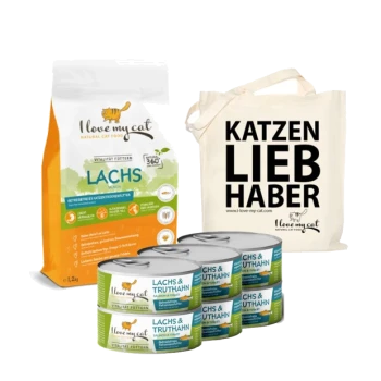 Eine Tüte mit "Ich liebe meine Katze" Lachs-Katzenfutter, vier Dosen Lachs- und Truthahn-Katzenfutter und eine Tragetasche mit "KATZEN LIEB HABER" darauf.