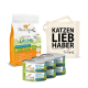 Eine Tüte mit "Ich liebe meine Katze" Lachs-Katzenfutter, vier Dosen Lachs- und Truthahn-Katzenfutter und eine Tragetasche mit "KATZEN LIEB HABER" darauf.