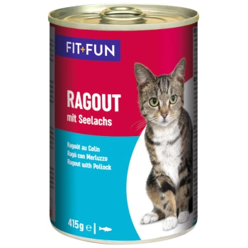 Dose Katzenfutter mit einer getigerten Katze auf dem Etikett, mit dem Text 'FIT+FUN RAGOUT mit Seelachs' und '415g e' am unteren Rand.