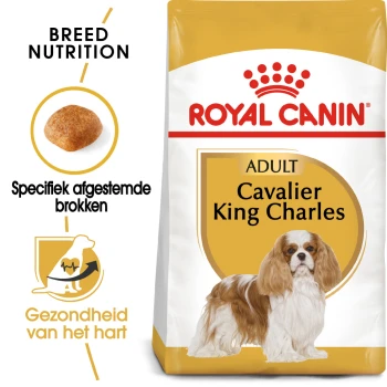 Royal Canin Adult Cavalier King Charles hondenvoer zak, met voeding specifiek voor het ras, voordelen voor de hartgezondheid en details over de brokjes.