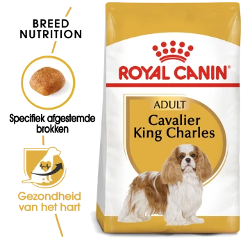 Royal Canin Adult Cavalier King Charles hondenvoer zak, met voeding specifiek voor het ras, voordelen voor de hartgezondheid en details over de brokjes.