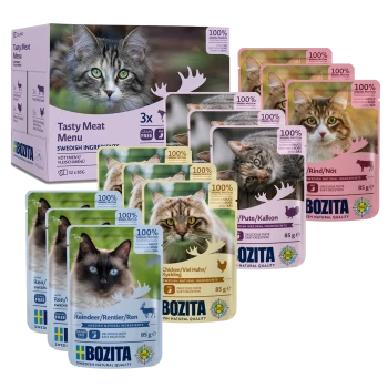 Eine Schachtel Bozita Tasty Meat Menu Katzenfutter mit 12 Beuteln ohne Getreide, 100 % tierisches Protein in Geschmacksrichtungen wie Rentier, Huhn und Truthahn.