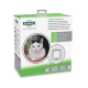Verpackung für eine PetSafe manuell verriegelbare Katzenklappe mit einer weißen und schwarzen Katze auf einer roten Decke, mit mehrsprachigem Text über das Produkt.