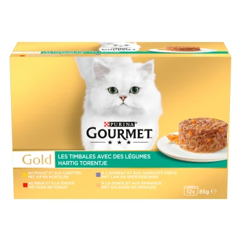 Boîte de nourriture pour chats Purina Gourmet Gold avec chat blanc à poil long et timbale de légumes dressée ; texte « Les Timbales... » « 12 x 85 g ».