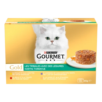 Doos Purina Gourmet Gold kattenvoer met witte langharige kat en een op een bord geserveerde groentetimbal; tekst 'Les Timbales...' '12x 85g'.
