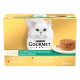 Boîte de nourriture pour chats Purina Gourmet Gold avec chat blanc à poil long et timbale de légumes dressée ; texte « Les Timbales... » « 12 x 85 g ».