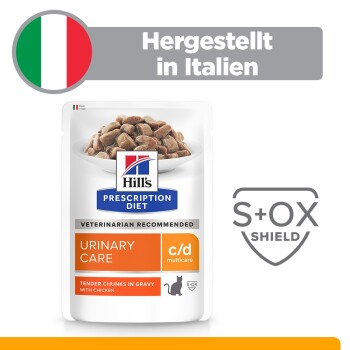 Hill's Prescription Diet c/d Urinary Care-Beutel, 'Tender Chunks in Gravy'; S+OX Shield; 'Hergestellt in Italien'.