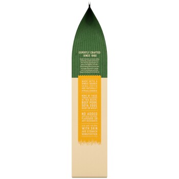 Pet food packaging with a green top and beige bottom, highlighting hypoallergenic ingredients and suitability for sensitive pets.