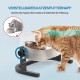Getigerte Katze frisst aus verstellbarem Katzennapf mit Wirbelsäulengrafik; sichtbarer Text VERSTELLBARES KATZENFUTTERNAPF