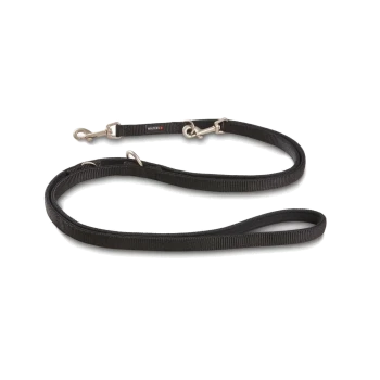 Schwarze, gepolsterte Nylon-Hundeleine mit Metallwirbelklips und D-Ringen, kleines Etikett mit der Aufschrift „WOLTERS“.