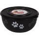 Bol de nourriture et d'eau noir avec des motifs de pattes et d'os, étiqueté "Feeding & Drinking Bowl - Bella - Taupe" par Flamingo.