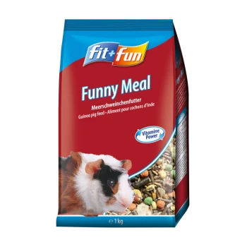 A bag of "fit+fun Funny Meal" guinea pig feed with a close-up of a guinea pig and "Vitamin Power" text.