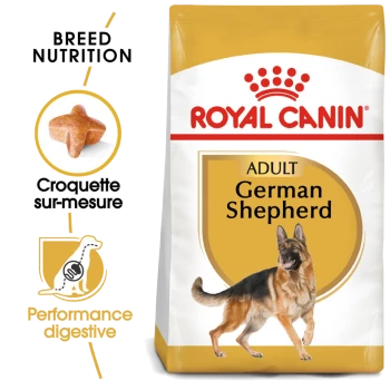 Sac de nourriture pour chien Royal Canin Adult German Shepherd avec un berger allemand en train de courir, avec un texte mettant en avant la nutrition de la race et la performance digestive.