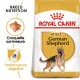Sac de nourriture pour chien Royal Canin Adult German Shepherd avec un berger allemand en train de courir, avec un texte mettant en avant la nutrition de la race et la performance digestive.