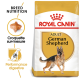 Sac de nourriture pour chien Royal Canin Adult German Shepherd avec un berger allemand en train de courir, avec un texte mettant en avant la nutrition de la race et la performance digestive.