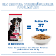 Hill's Science Plan 18-kg-Hundefutterbeutel neben einer Schüssel mit Kroketten, zeigt Text „Futter für 37 Tage“ und „18 kg-Beutel“.