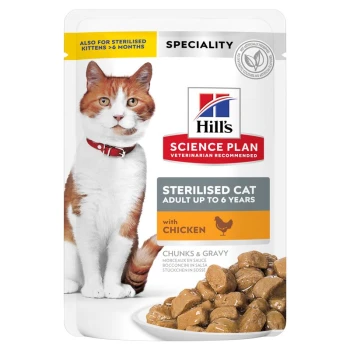 Science Plan Young Adult Sterilised mit Huhn 12x85g Hill's Science Plan Sterilised Katzenfutterbeutel mit einer Katze mit orange-weißen Fell. Der Text hebt "Erwachsene bis 6 Jahre" und "mit Huhn" hervor.