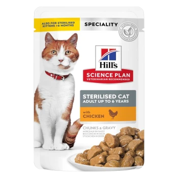 Hill's Science Plan Sterilised Katzenfutterbeutel mit einer Katze mit orange-weißen Fell. Der Text hebt "Erwachsene bis 6 Jahre" und "mit Huhn" hervor.