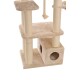 Katzenbaum mit mehreren Ebenen, Kratzsäulen und einem gemütlichen Versteck, bedeckt mit weichem beigen Stoff.