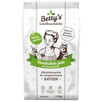 Betty's Landhausküche Katzenfutterbeutel 'Kaninchen pur' (Kaninchen), Monoprotein, 'Reich an frischem Kaninchen', für ausgewachsene Katzen, 1,4 kg.