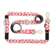 Rosa Hundeleine- und Geschirrset mit Erdbeermuster und Metallclips, beschriftet mit „Max & Molly Urban Pets“.