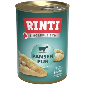 RINTI Dosenfutter-Etikett 'SINGLEFLEISCH' 'PANSEN PUR', Kuh-Symbol, '1 Protein SINGLE getreidefrei'.