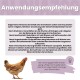 Alt-Text: Sicherheitsanweisungen auf Deutsch für den Umgang mit Unfällen mit einem Hühnerbild und Entsorgungshinweisen von einem Online-Tiergeschäft.