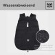 Schwarze wasserdichte Hundejacke mit Reißverschluss vorne und einer Tasche, mit dem Markenlogo 'PAW WOW' und Text über Komfort.