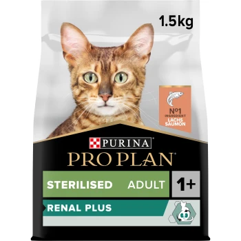 Purina Pro Plan 1,5 kg Katzenfutterbeutel mit dem Gesicht einer Katze, beschriftet mit "Sterilised Adult 1+" und "Renal Plus," mit Lachs als Hauptzutat.