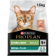 Sac de nourriture pour chat Purina Pro Plan 1,5 kg avec le visage d'un chat, étiqueté "Sterilised Adult 1+" et "Renal Plus," avec du saumon comme ingrédient principal.