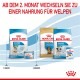 Bild von Royal Canin Haustierfutterprodukten für Welpen, mit Tüten, die mit 'Starter' und 'Welpe' beschriftet sind, und Nährwertangaben auf Deutsch.