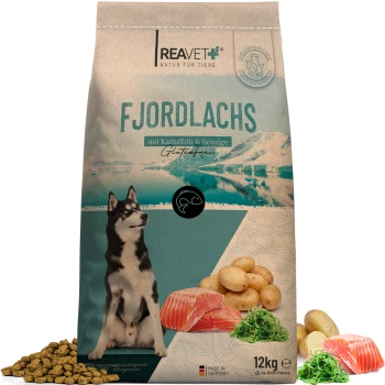 Hundefutterbeutel mit der Aufschrift "FJORDLACHS" mit Lachs, Kartoffeln und Algen, mit einem Husky-Hund und dem Text "Glutenfrei", 12 kg Größe.