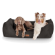Zwei Hunde liegen zusammen auf einem plüschigen, dunkelgrauen Hundebett, einer mit einem hellbraunen Fell und der andere ein dreifarbiger Australian Shepherd.