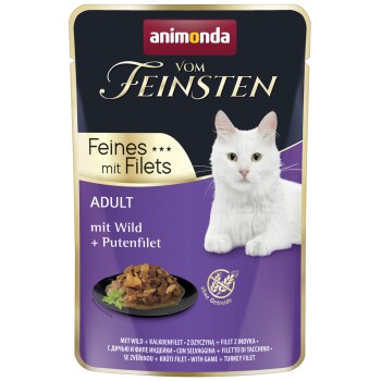 Animonda 'Vom Feinsten' Katzenfutterbeutel mit weißer Katze, Schriftzug 'Feines mit Filets', 'Adult mit Wild + Putenfilet', getreidefrei.