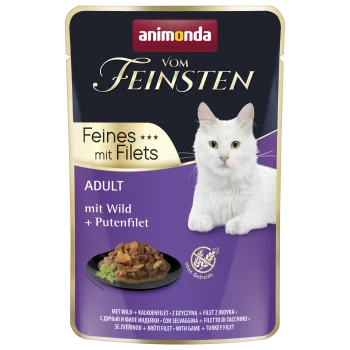Animonda 'Vom Feinsten' Katzenfutterbeutel mit weißer Katze, Schriftzug 'Feines mit Filets', 'Adult mit Wild + Putenfilet', getreidefrei.