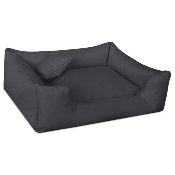 Schwarzes Hundebett mit erhöhten Seiten und einem kleinen Kissen, das für Komfort und Unterstützung ausgelegt ist.