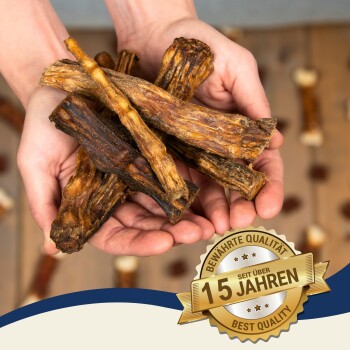 Hände halten mehrere Stücke Hundekauartikel, mit einem Abzeichen, das 'Beste Qualität' und '15 Jahre' auf Deutsch angibt, was 15 Jahre vertrauenswürdige Qualität bedeutet.