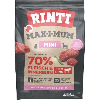 RINTI MAX-I-MUM MINI Hundefutterbeutel mit Fleischstücken; Text '70% Fleisch & Innereien', 'Extra kleine Kroketten', 4 Kilogramm