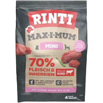 RINTI MAX-I-MUM MINI Hundefutterbeutel mit Fleischstücken; Text '70% Fleisch & Innereien', 'Extra kleine Kroketten', 4 Kilogramm