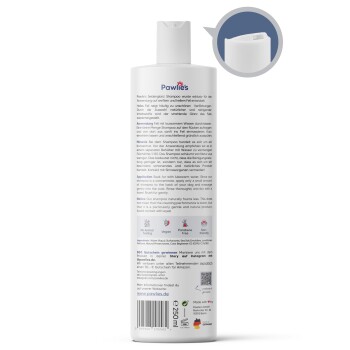 Pawlies-Hundeshampoo-Flasche mit einem weißen Deckel, mit Anweisungen auf der Rückseite in deutscher Sprache, die die sanfte, vegane und parabenfreie Formel hervorheben.