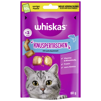 Whiskas Lachs-Geschmack Katzenleckerlis mit dem Gesicht einer grauen Katze, die knusprige Bissen und Text über Vitamine, Mineralien und Protein zeigt.