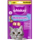 Whiskas Lachs-Geschmack Katzenleckerlis mit dem Gesicht einer grauen Katze, die knusprige Bissen und Text über Vitamine, Mineralien und Protein zeigt.