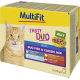 MultiFit Tasty Duo Katzenfutter für erwachsene Katzen mit Duo Fisch & klassischem Mix in Gelee, mit einer leckenden orange getigerten Katze.