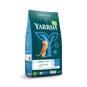 Yarrah Bio-Katzenfutterbeutel, 800g, mit einer verspielten Katzenillustration, beschriftet "ERWACHSENE KATZE mit Huhn & Fisch, 30% Protein, 13% Fett."