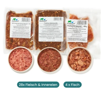 Tierfutterpakete zeigen drei rohe Fleischsorten, Schalen mit Hackfleisch und Fisch, mit dem Text "28x Fleisch & Innereien" und "4x Fisch."