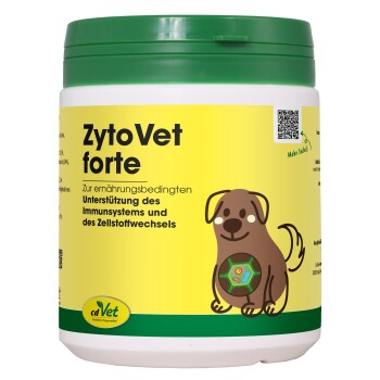 Behälter von cdVet ZytoVet forte, einem natürlichen Gesundheitspräparat für Haustiere, mit einem grünen Deckel und einem leuchtend gelben Etikett mit "100% NATUR."
