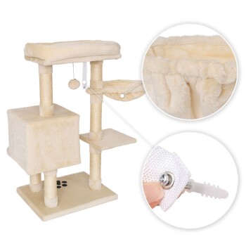 Katzenbaum mit plüschigen Oberflächen, mehreren Ebenen und einem baumelnden Ballspielzeug; beinhaltet eine Nahaufnahme des Montagematerials.