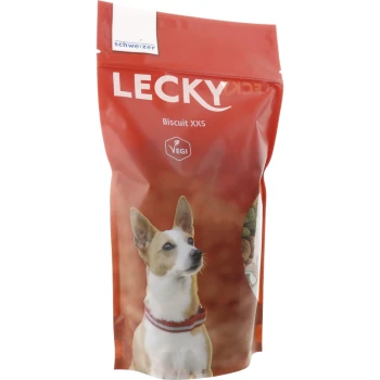 Emballage rouge pour les friandises pour chiens LECKY Biscuit XXS avec une photo d'un petit chien portant un collier, étiqueté comme VEGI.